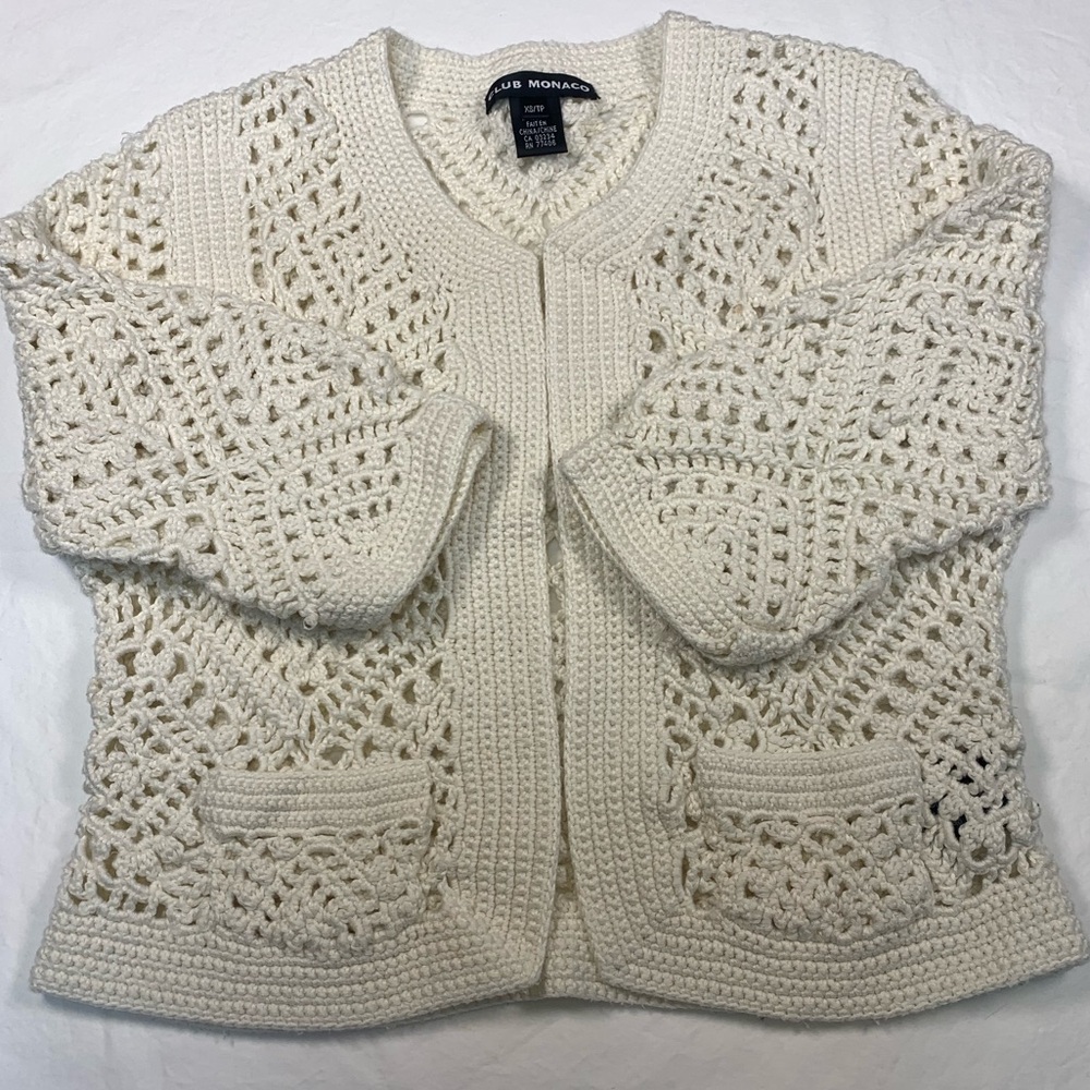 Club Monaco White Crochet Open-Knit Cropped Cardigan - Size XS